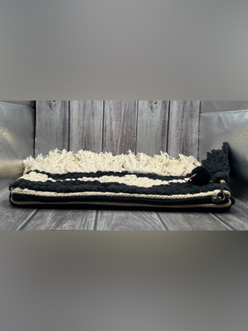 MANGO Boho Embroidered Clutch Bag Woven Cotton Macrame Fringe Black Off White - Picture 6 of 13
